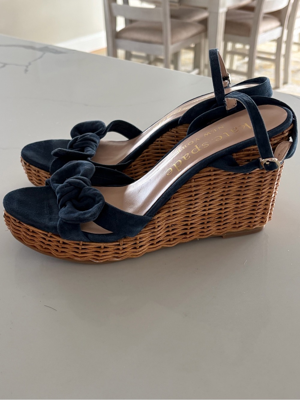 Kate Spade New York Navy Blue Suede Bow Wicker Wedge Espadrille Sandals Size 9 - Picture 2 of 16